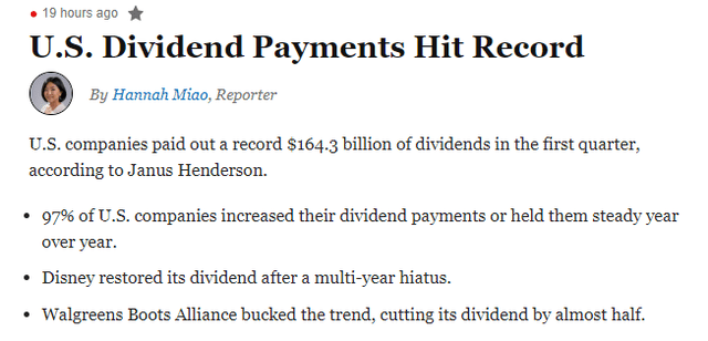 WSJ: Record Dividend Payments in Q1